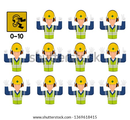 Set of industrial worker with hearing protective equipment is gesturing hand sign (0-10)