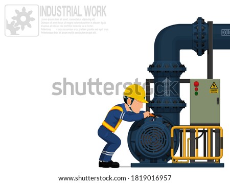 An electrical worker is  repairing pump on white background
