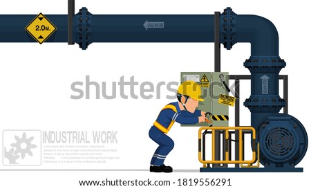 An electrical worker is  repairing the electrical cabinet on white background
