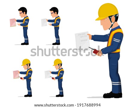 set of an industrial worker is holding some document