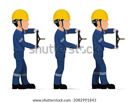 set of worker is holding hand wheel on white background