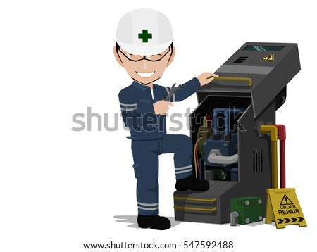 Maintenance Engineer is repairing machine on transparent background
