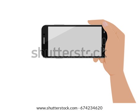 Isolated hand which is holding horizontal smart phone on transparent background
