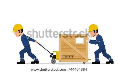 Two workers are moving a heavy wooden container by the pallet truck on transparent background
