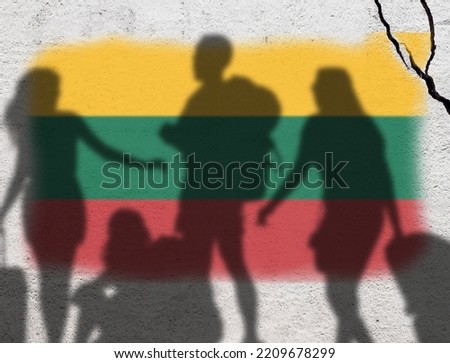 Flag of Lithuania on the wall. Silhouette of people with luggage passing through. Concept illustration.