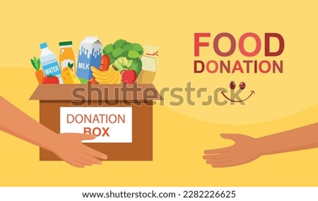 volunteer holding a donation box with food awareness and charity concept. vector illustration.