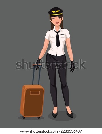 Aviation beautiful female pilots. caring luggage with her. vector illustration