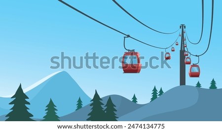 Cable car transportation rope way over mountain hill vector illustration.