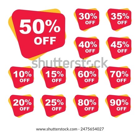 Sale tag discount set. 10.15. 20. 25. 30. 35. 40. 45. 50. 60. 70. 80. and
90 percent price clearance sticker badge banner label vector Illustration isolated on white background.