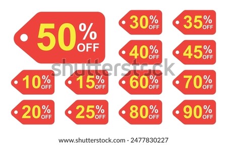 Sale tag discount set. 10.15. 20. 25. 30. 35. 40. 45. 50. 60. 70. 80. and 90 percent price clearance sticker badge banner label vector Illustration isolated on white background.