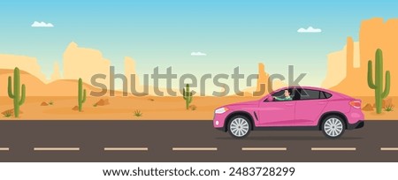 Driving car on desert road. desert landscape with highway. mountain hills in background. summer car drive on desert road vector illustration.