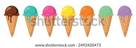 Ice cream in waffle cones. Chocolate, strawberry, orange, Mint, pistachio, blueberry. Summer food vector illustration.