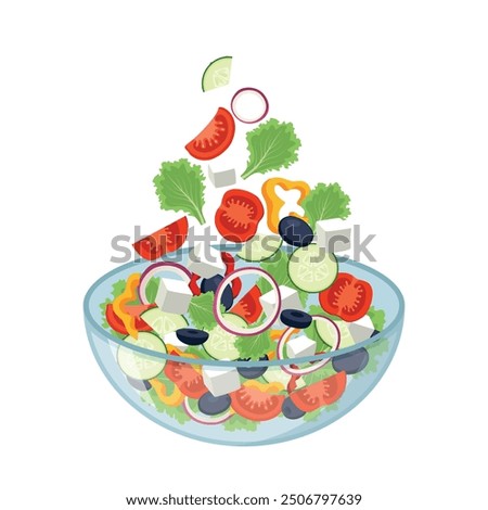 Salad. Vegetables in bowl. Red tomatoes, bell pepper, cucumber, black olives, onions and tofu. Salad bar for healthy meal. Vegetarian bowl of salad vector illustration.