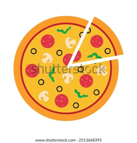 Pizza. Pepperoni pizza with slice. Delicious Italian pizza with mozzarella vector illustration.