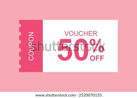 50% off Sale Coupon Voucher. 50 percent promotion. Tag label, discount coupon. Gift voucher in pink colour vector illustration.