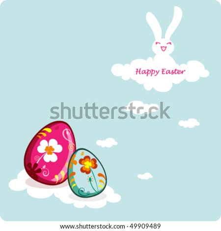 Easter card template - cloud shape bunny with colored eggs