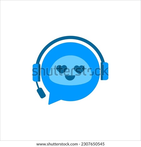 Chat Bot logo with hearts, chat bot love mood. Virtual assistant Bot icon logo. Robot head with headphones. Customer support service Chat Bot. Vector