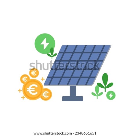 PV panels for saving money euro. Renewable energy concept. Vector illustration isolated on white.