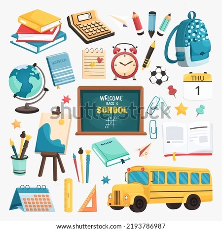 Welcome back to school collection of elements. Big set of school supplies and subjects: school bus, backpack, brushes, school board, pencil, notebook, books, etc. Vector illustration in cartoon style.