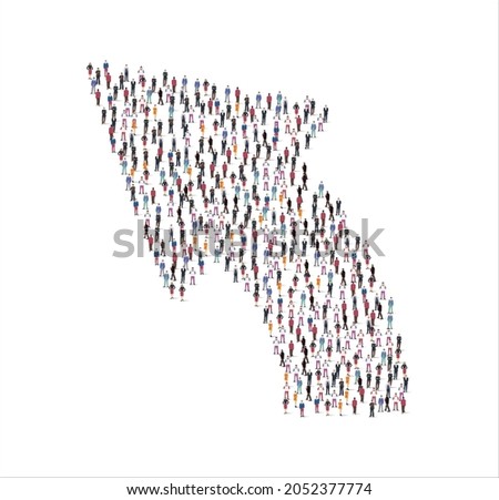 Crowd of flat illustration people forming the right arrow symbol on white background. Vector illustration