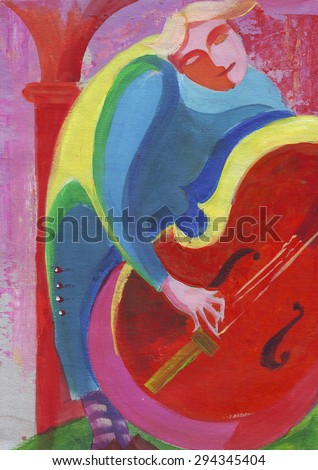 The decorative painting, the fairy tale character who plays the double bass