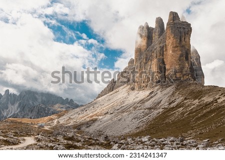 Image, Stock Photo Rifugio Lavaredo and di Cadini mountains in background, Sesto Dolomites, Trentino, Alto-Adige, South Tyrol, Italy