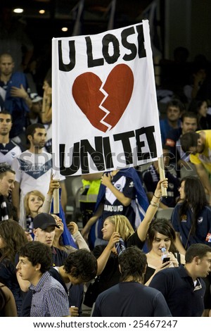 MELBOURNE - FEBRUARY 14: A-league Major Semi Final - Melbourne Victory 4 defeated Adelade United 0. The sign says it all.