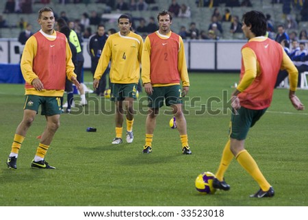MELBOURNE - JUNE 17: Tim Cahill and Lucas Neill. Australian Socceroos-2 defeat Japan-1 in the 2010 World Cup Qualifying at the MCG (Melbourne Cricket Ground) June 17, 2009 in Melbourne, Australia.