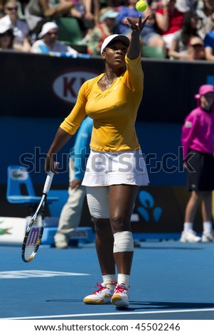 MELBOURNE, AUSTRALIA - JANUARY 26: Doubles match Serena & Venus Williams vs Bethanie Mattek-Sands & Zi Yan at the 2010 Australian Open on January 26, 2010 in Melbourne, Australia
