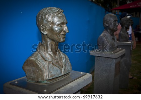 MELBOURNE, AUSTRALIA - JANUARY 26: A bronze bust of Rod Laver outside the Rod Laver Arena which holds the center court at the Australian Open, January 26, 2011 in Melbourne, Australia