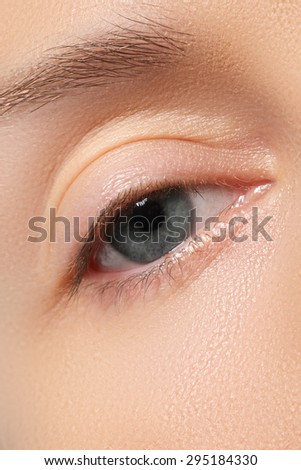 Woman\'s beautiful blue eye with natural make-up. Daily look. Macro shot. Make-up & cosmetics