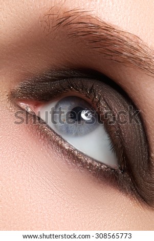 Close-up of blue  woman eye with beautiful smoky make-up. Cosmetics & makeup