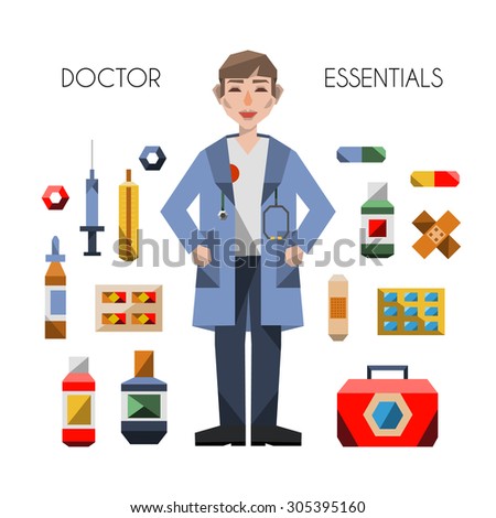 doctor essentials first aid kit tools instruments medical supplies profession flat vector people  items icons objects