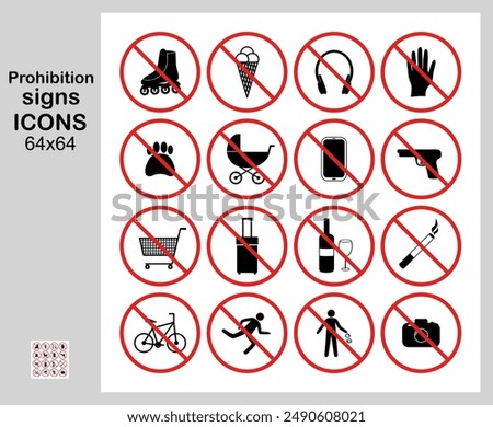 Prohibition signs, Icons, Buttons, 64 x 64, Icon set, Collection of 16 vector icons, Simple vector illustration
