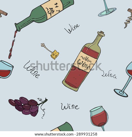 Seamless pattern with wine, grapes and cheese