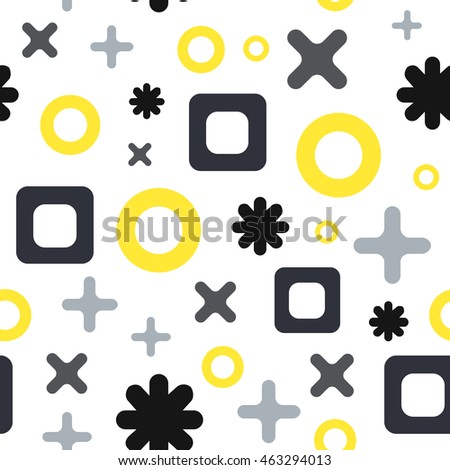 Vector seamless abstract pattern with cross, plus marks, squares and circles. ifferent sizes shapes on white background.