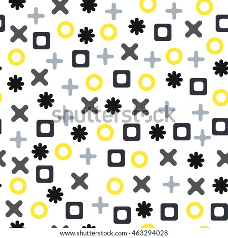 Vector seamless abstract pattern with crosses, pluses, squares and circles. Gray and yellow shapes on white background.