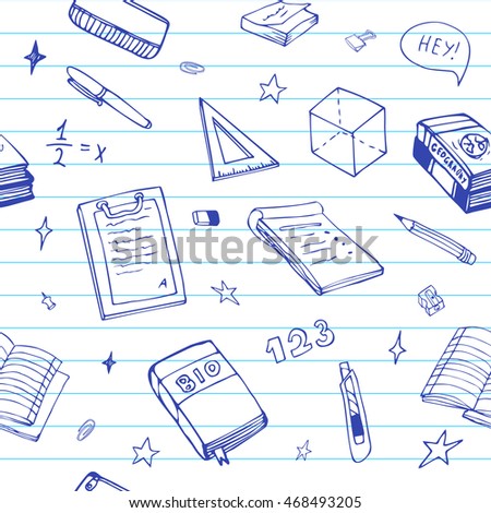Seamless background with school object and symbols on blue ruled paper. Vector education pattern doodle.