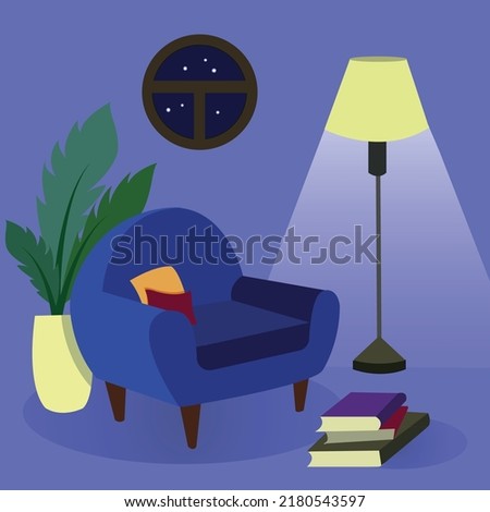 Cozy night flat style interior. Comfortable chair, floor lamp and favorite books - a great evening. illustration in flat style.