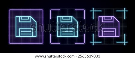 Save disk icon illustration, cyber neon visual, glowing border grid vector.