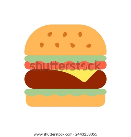 Hamburger logo fast food burger bun with cheese and pimidor with lettuce top sprinkled with sesame seeds. Flat style. Vector illustration.