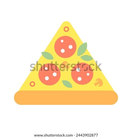 Logo of a triangular slice of pizza with cheese and slices of sausage with champignons, mushrooms and herbs. Flat style. Vector illustration.