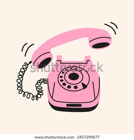 Old landline disk caller pink telephone with handset and wire in retro, vintage style, flat illustration, y2k. Flat style. Vector illustration.