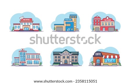 Illustration vector graphic Set of building on city town, cafe, police, fire station, hospital, post office, bank, cartoon style and children friendly good for element design