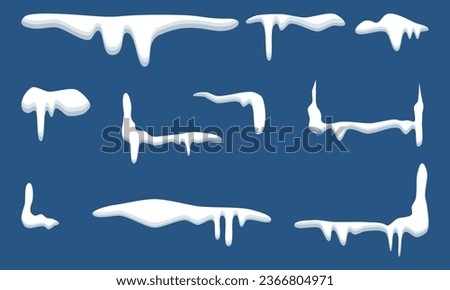 Illustration vector graphic of Snow vector caps. snowdrifts set. Snow cap vector illustration. Winter element, frame snow decoration. cartoon flat decoration with snowflakes, icicles isolated on blue.