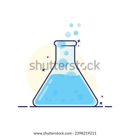  Erlenmayer flask bottle of labs science cute cartoon illustration, blue spell with floating bubble, good for science graphic resource, kids friendly and study isolated by white color