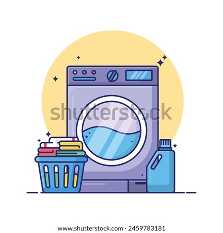 A blue and white washing machine with a basket of clothes and a bottle of detergent. Concept of doing laundry and the importance of cleanliness