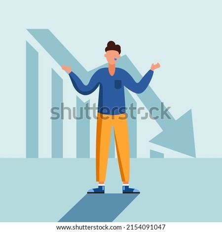  a guy in yellow jeans and a blue sweater is crying because of a failure in business against the background of a graph with a collapse in all stocks