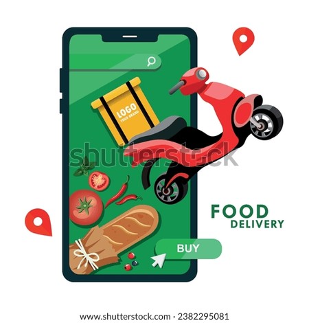 The concept of a food delivery service, a scooter or motorcycle with a yellow box flies off the smartphone screen, on the screen are food products, tomatoes, loaves, berries, peppers. Online store