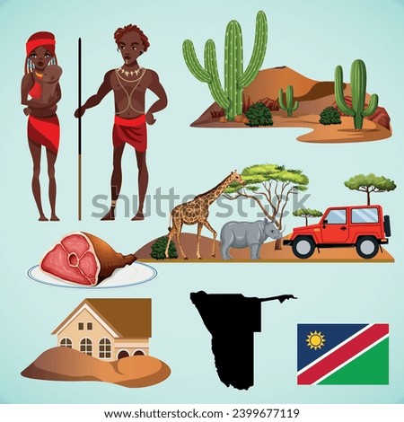 
Set of Namibia illustrations. Namibia map, flag, national food, clothing, architecture, safari, animals of Namibia. Vector